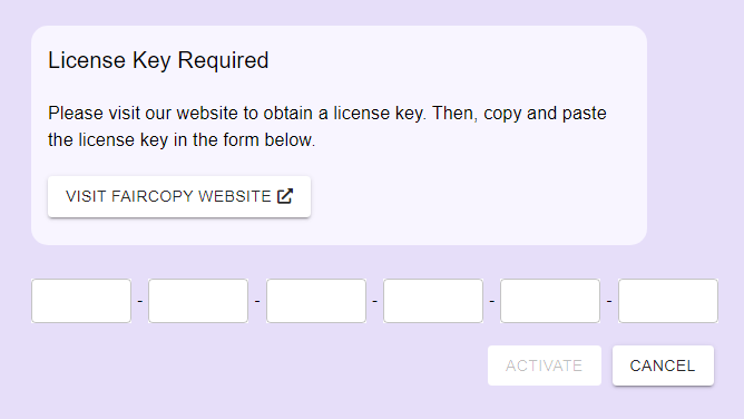screenshot of the license key form