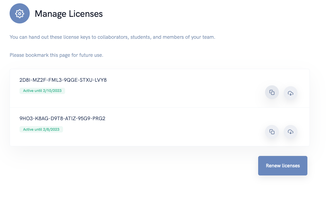 screenshot of Manage Licenses page